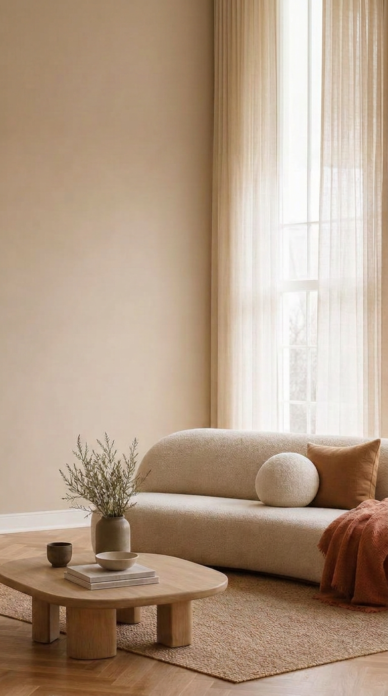 Lyst skandinavisk stue med beige sofa, oliventre og elegante gardiner